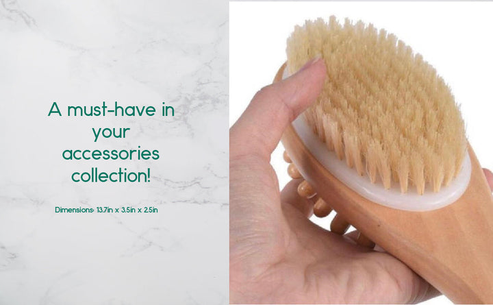 Round-headed bath and body massage brush with soft bristles and light wood handle