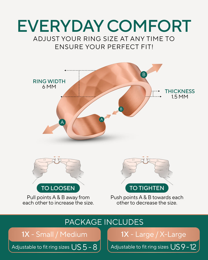 Adjustable copper ring set with wide bands shown in size diagram