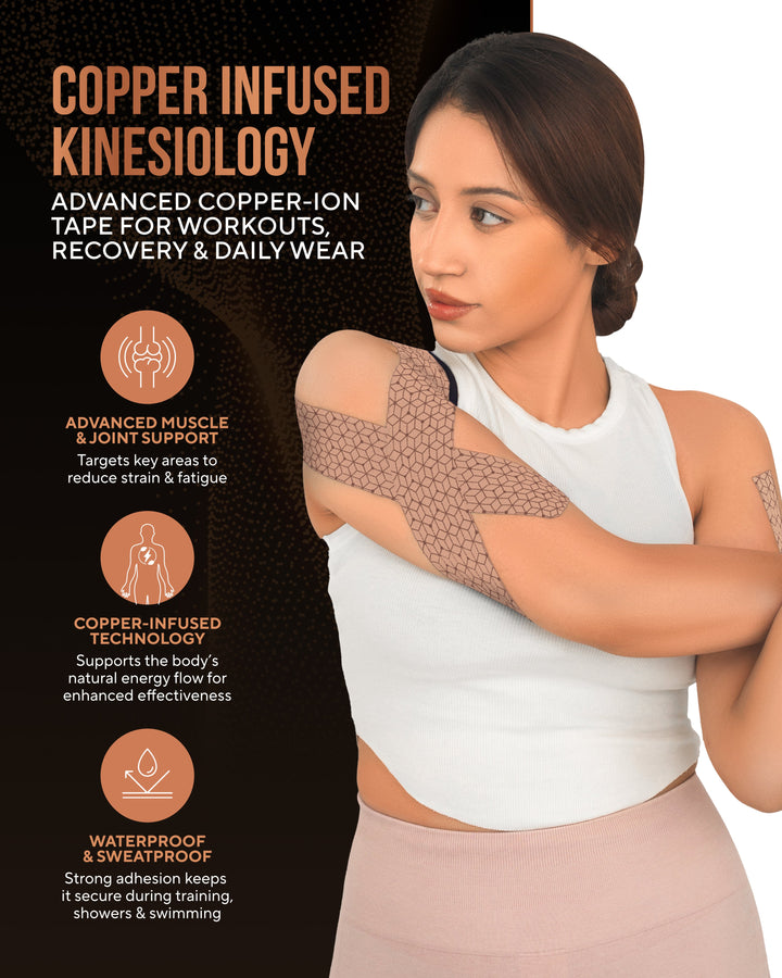 Tan copper-infused kinesiology tape applied across upper arm and shoulder