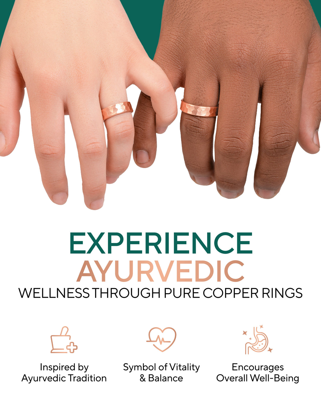 Two hands wearing matching copper hammered rings with wide bands