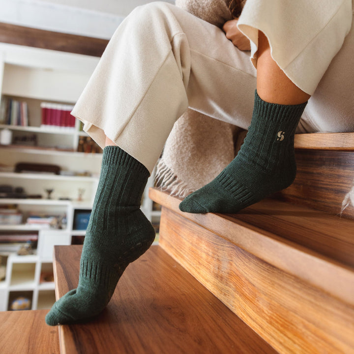 Serene Socks dark green merino wool crew socks with non-slip textured sole