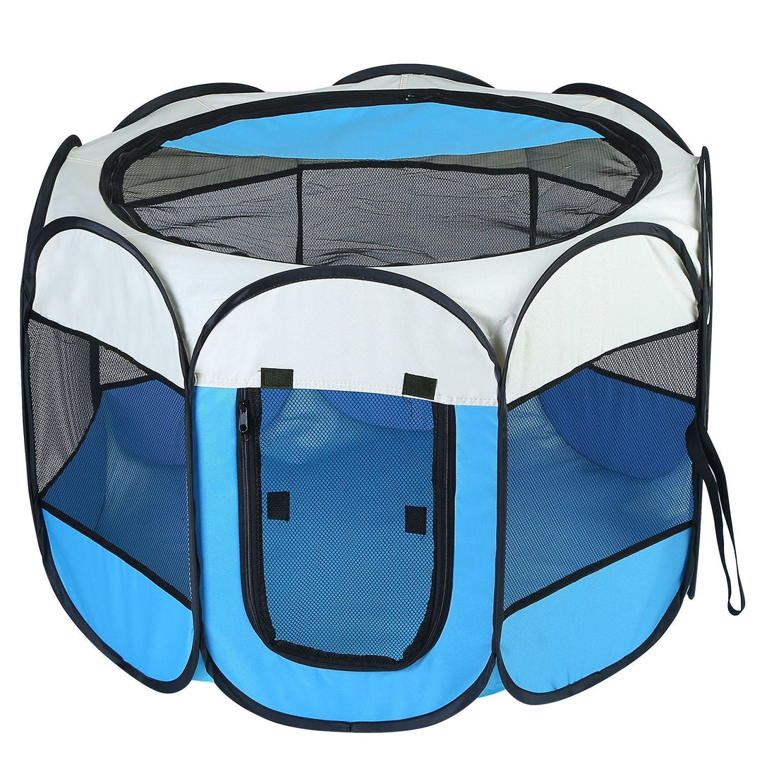 Blue and white pet tent kennel with zipper front panel and top mesh window