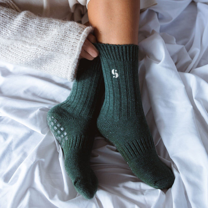 Serene Socks dark green merino wool non-slip crew socks, ribbed cuffs
