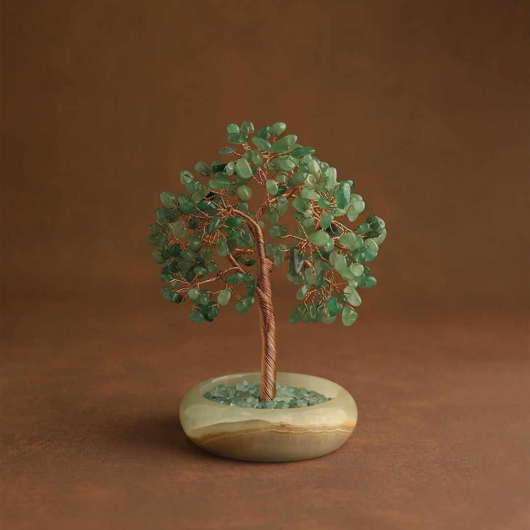 Green crystal tree ornament with wire trunk and translucent round stone base