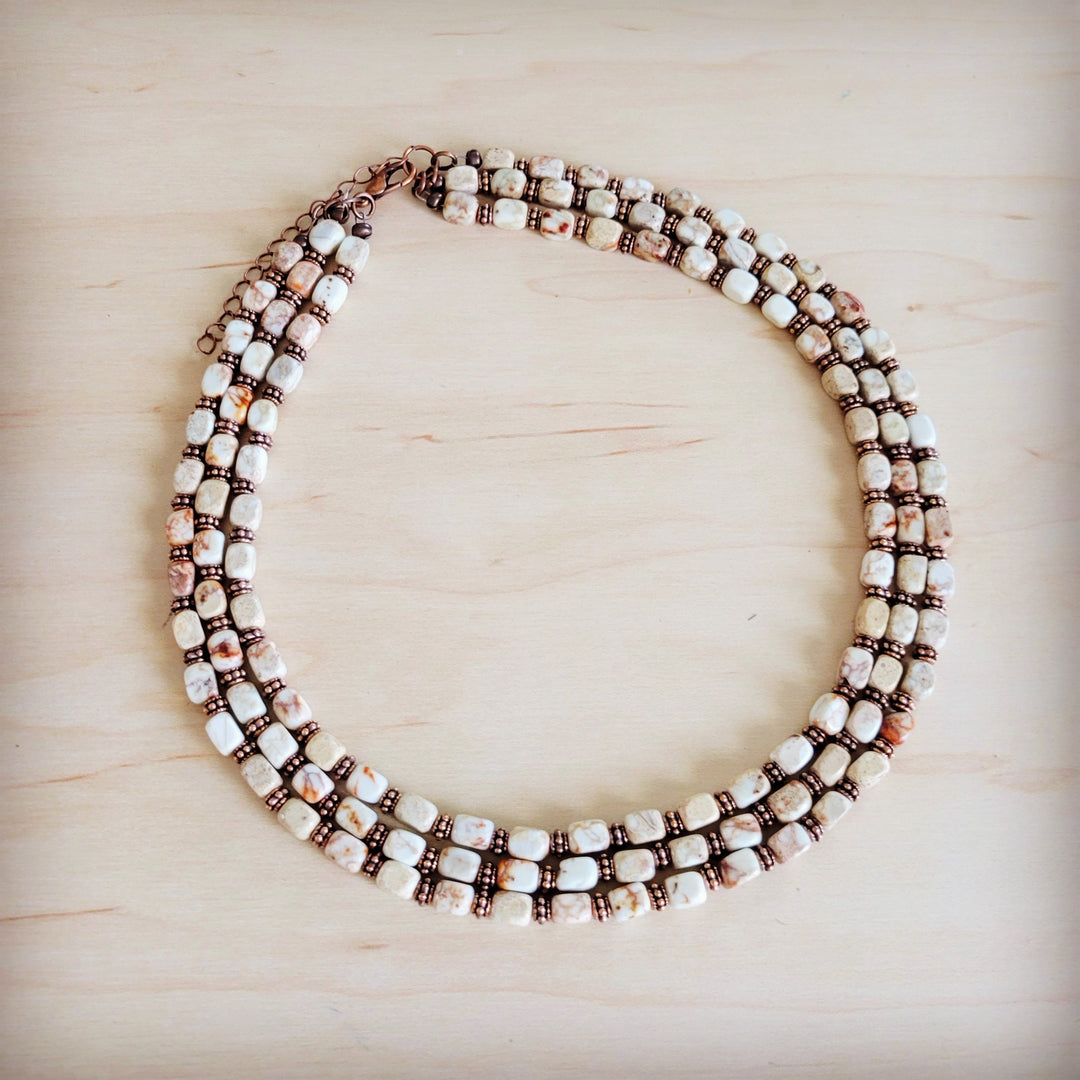 Triple-strand beaded boho necklace, white cube beads with bronze and brown accents