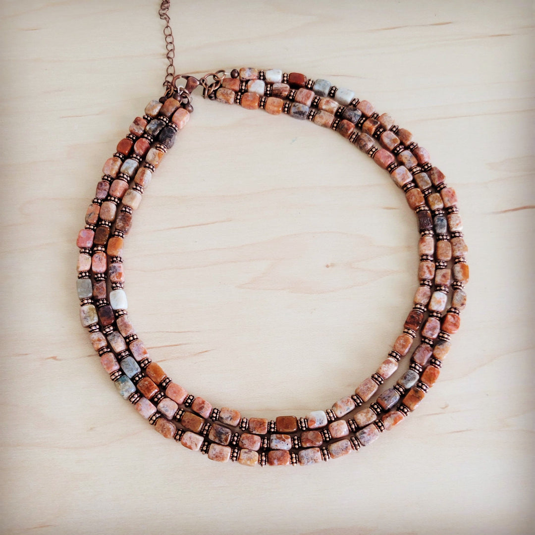 Layered beaded collar necklace, triple strand with cube and square beads in rust tones
