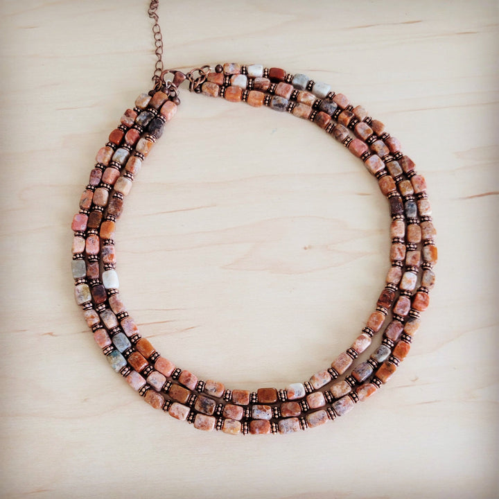 Layered beaded collar necklace, triple strand with cube and square beads in rust tones