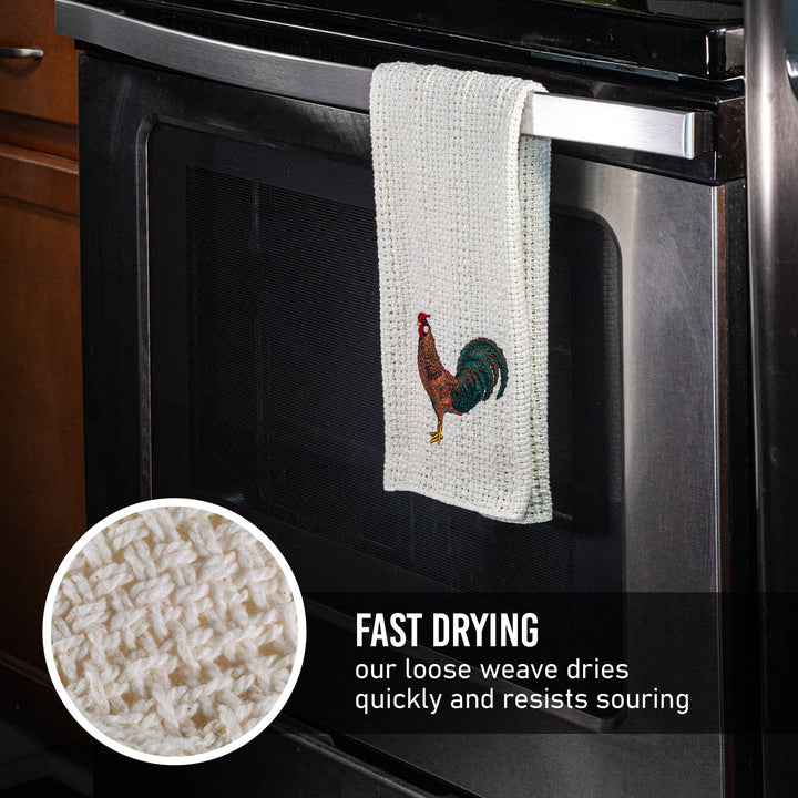 Off-white cotton oven towel with hanging red rooster embroidery