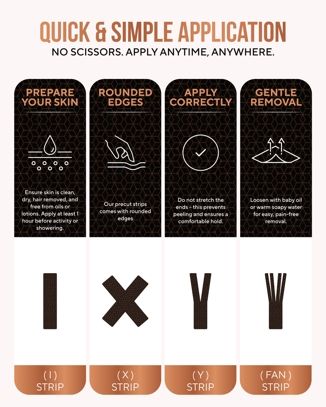 Precut copper kinesiology tape strips with rounded edges, dark honeycomb pattern
