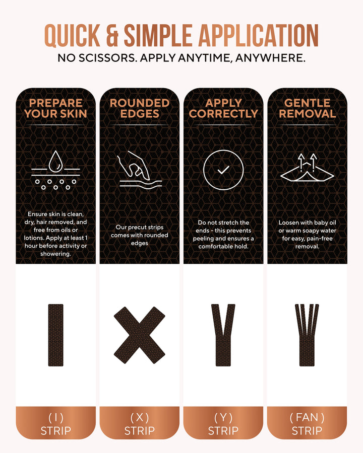 Precut copper kinesiology tape strips with rounded edges, dark honeycomb pattern
