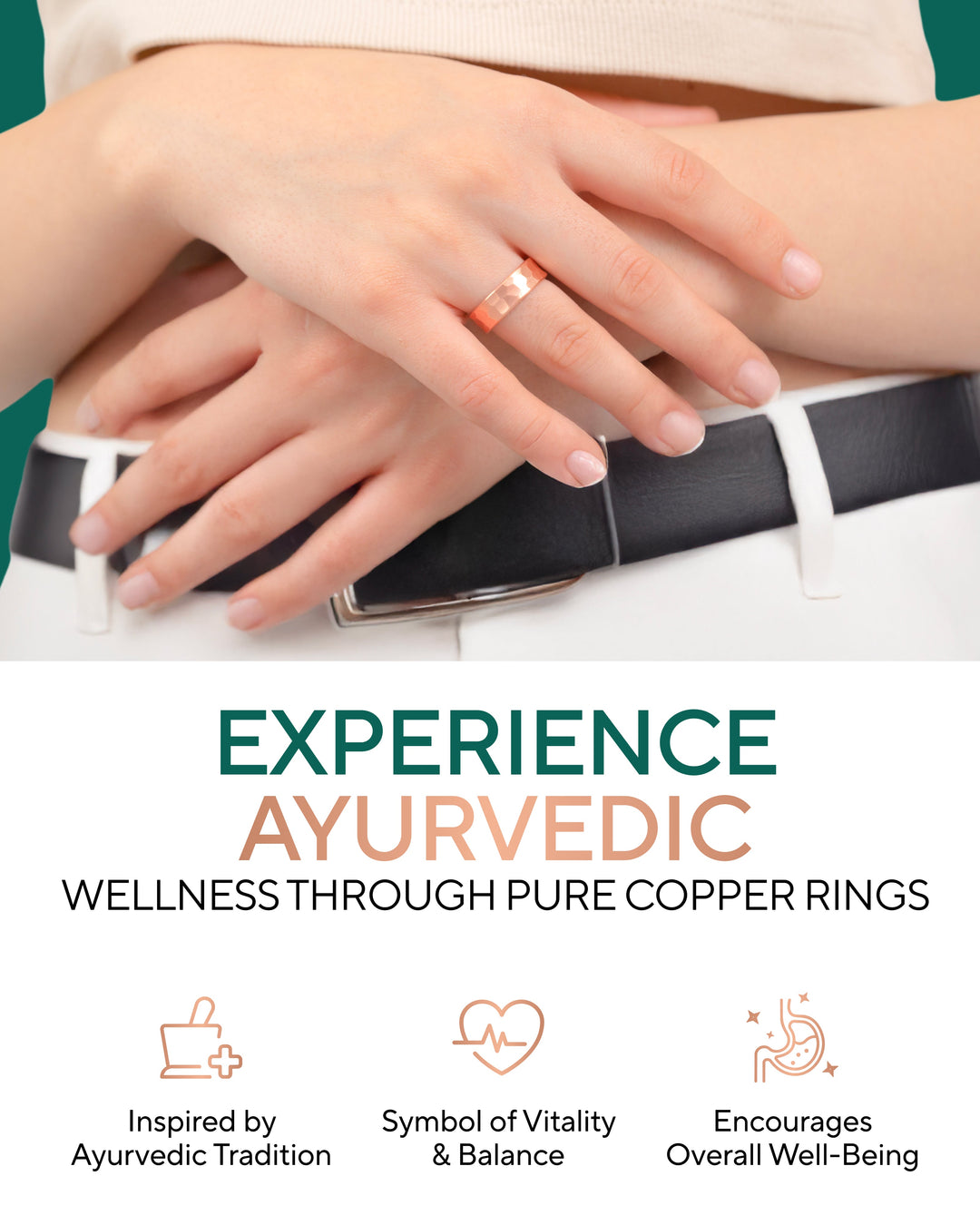 Copper hammered ring on hand over light fabric, close-up