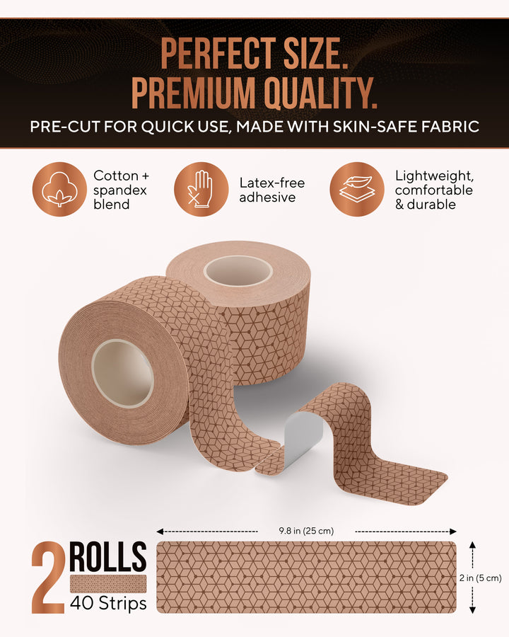 Tan kinesiology tape rolls with precut strip, 40 pieces (2 rolls)