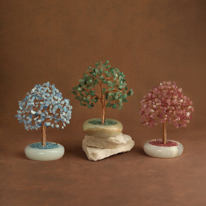 Crystal tree ornament set of three in blue, green, and pink on white bases