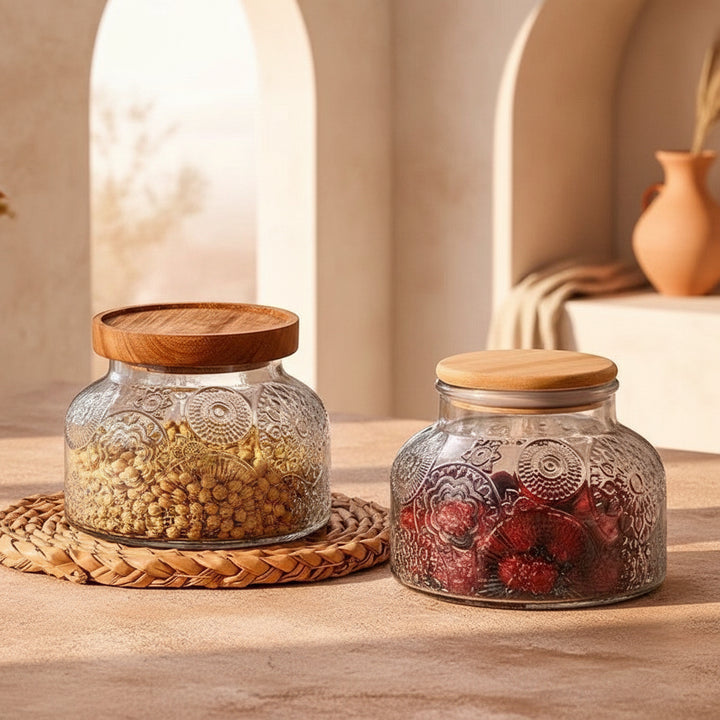 Etched Glass Storage Jar with Bamboo or Acacia Lid
