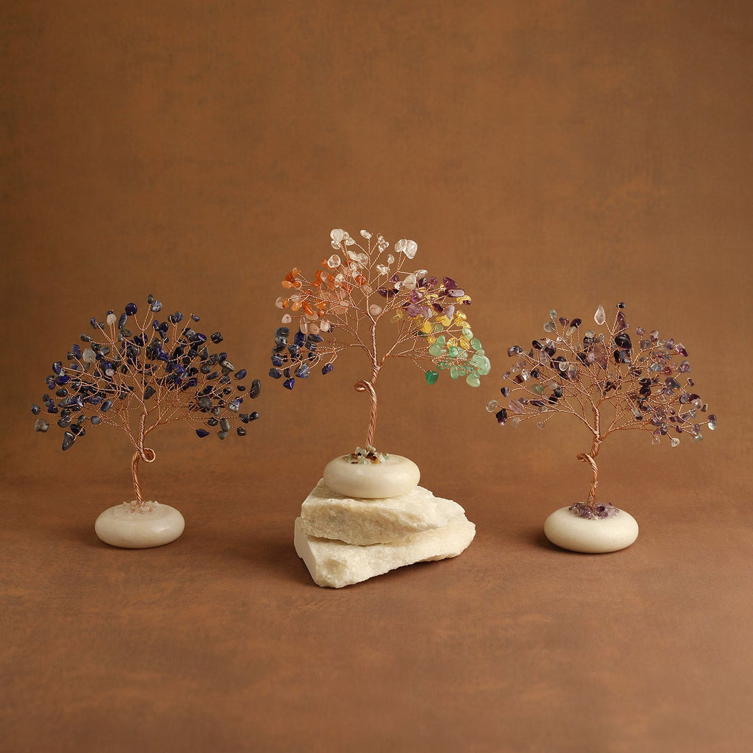 Crystal tree trio with multicolor gemstone leaves and white stone bases