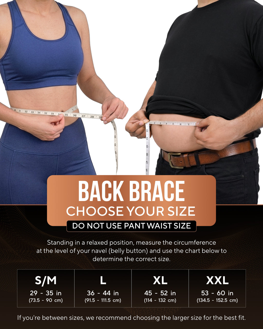 Back brace being measured with tape measure; black brace with copper-striped bands