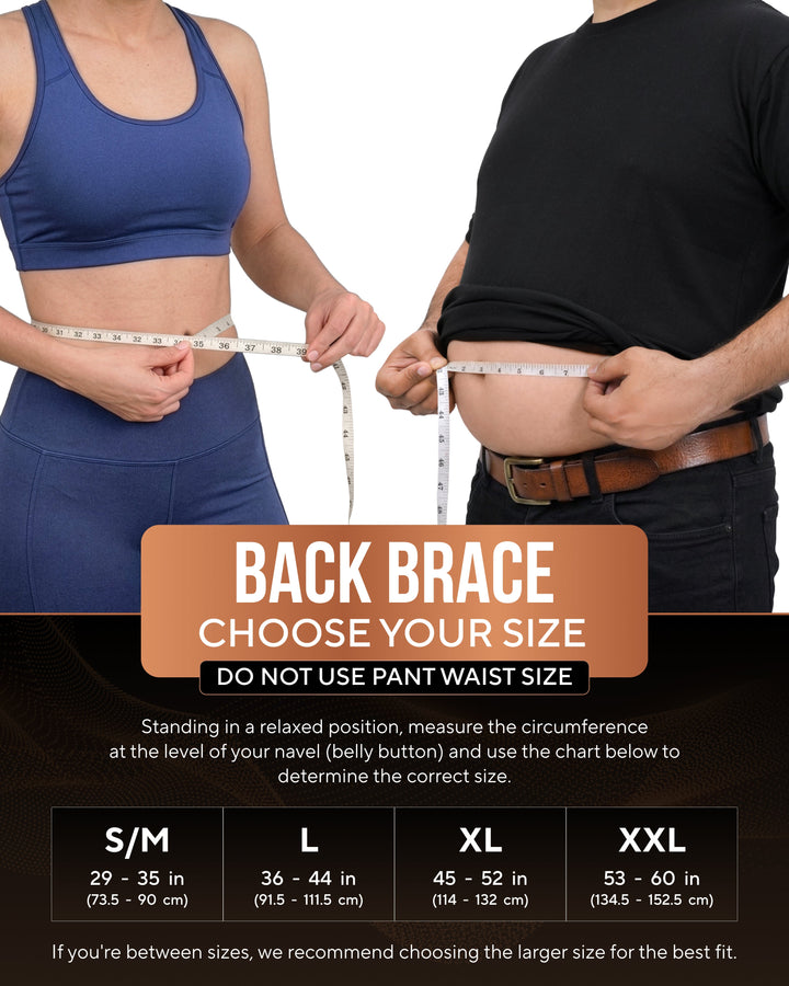 Back brace being measured with tape measure; black brace with copper-striped bands