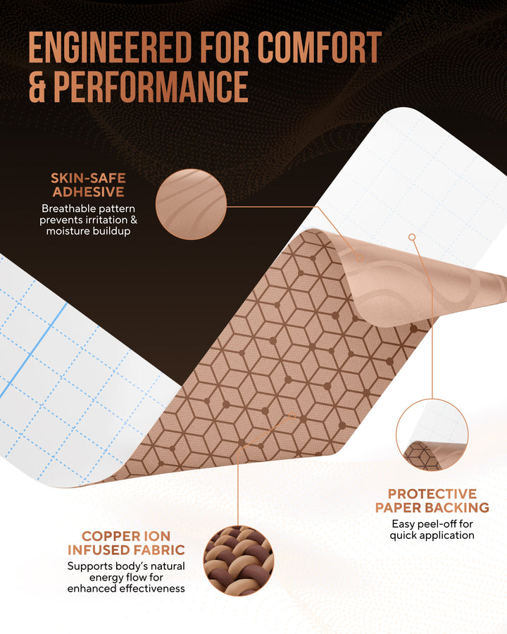 Tan copper-infused kinesiology tape sheet on skin with protective paper backing