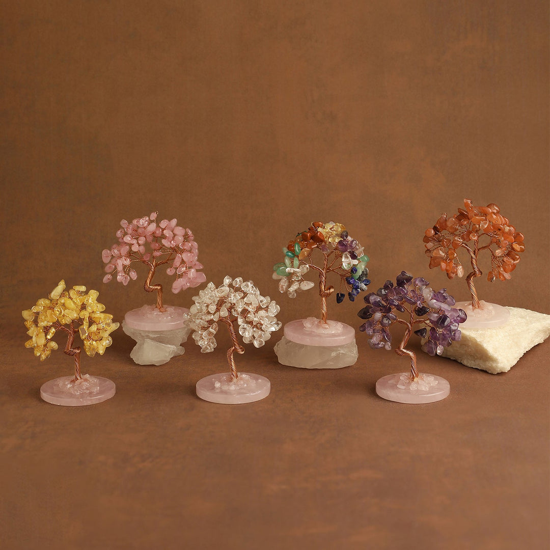 Mini gemstone crystal trees on pink round bases, assorted colored crystal branches