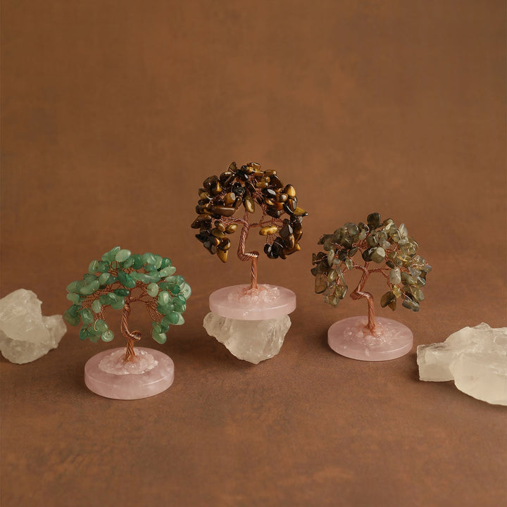 Mini crystal tree set of three gemstone trees on rose quartz bases