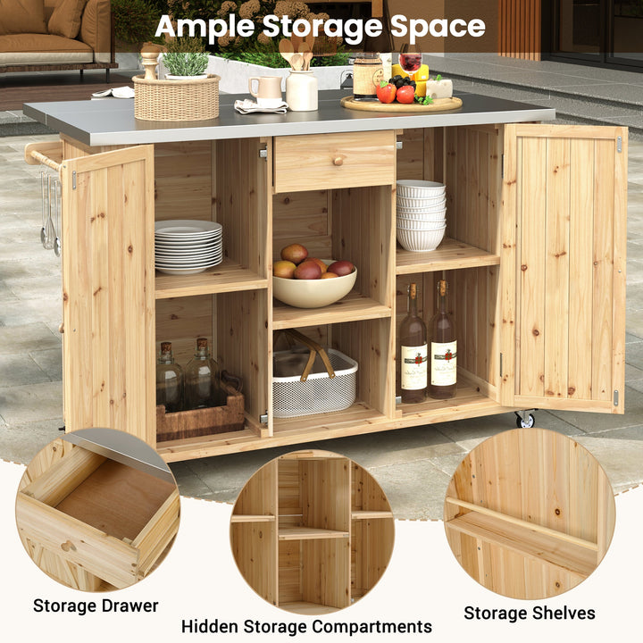 Fir Wood Kitchen Island with Stainless Steel Top