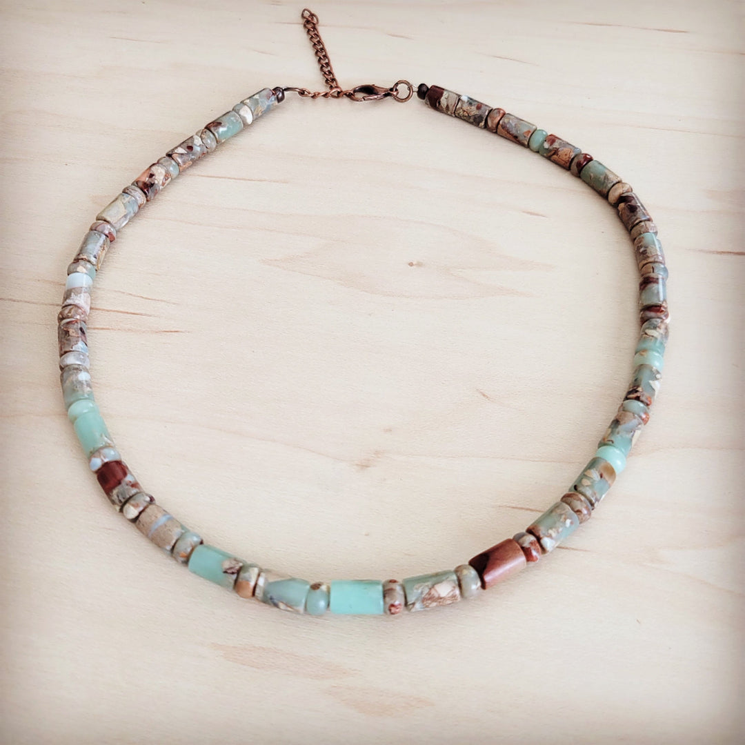 Turquoise bead collar necklace with stone-look barrel beads and copper chain