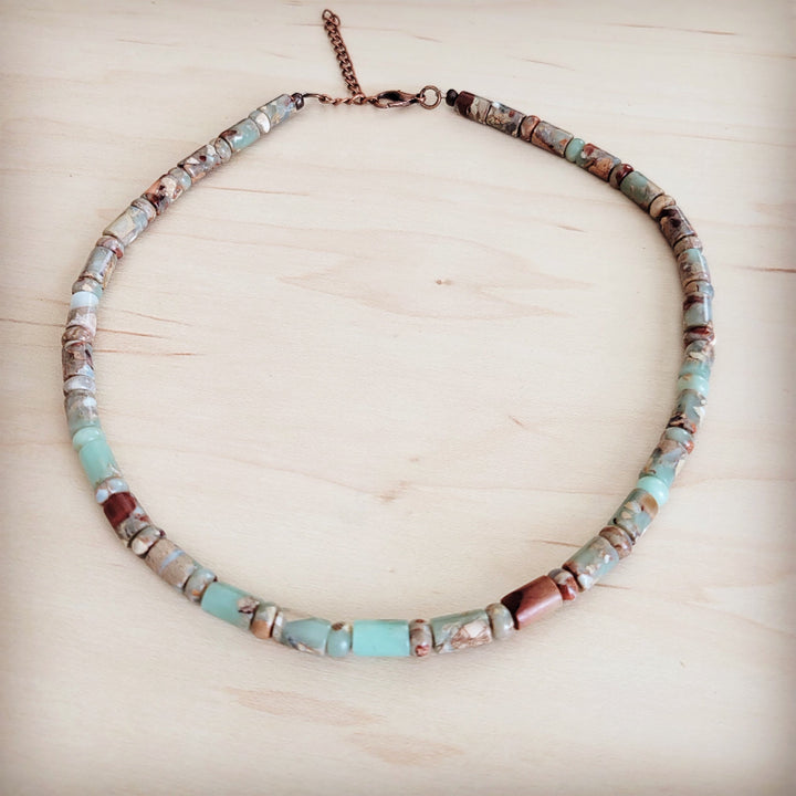 Turquoise bead collar necklace with stone-look barrel beads and copper chain