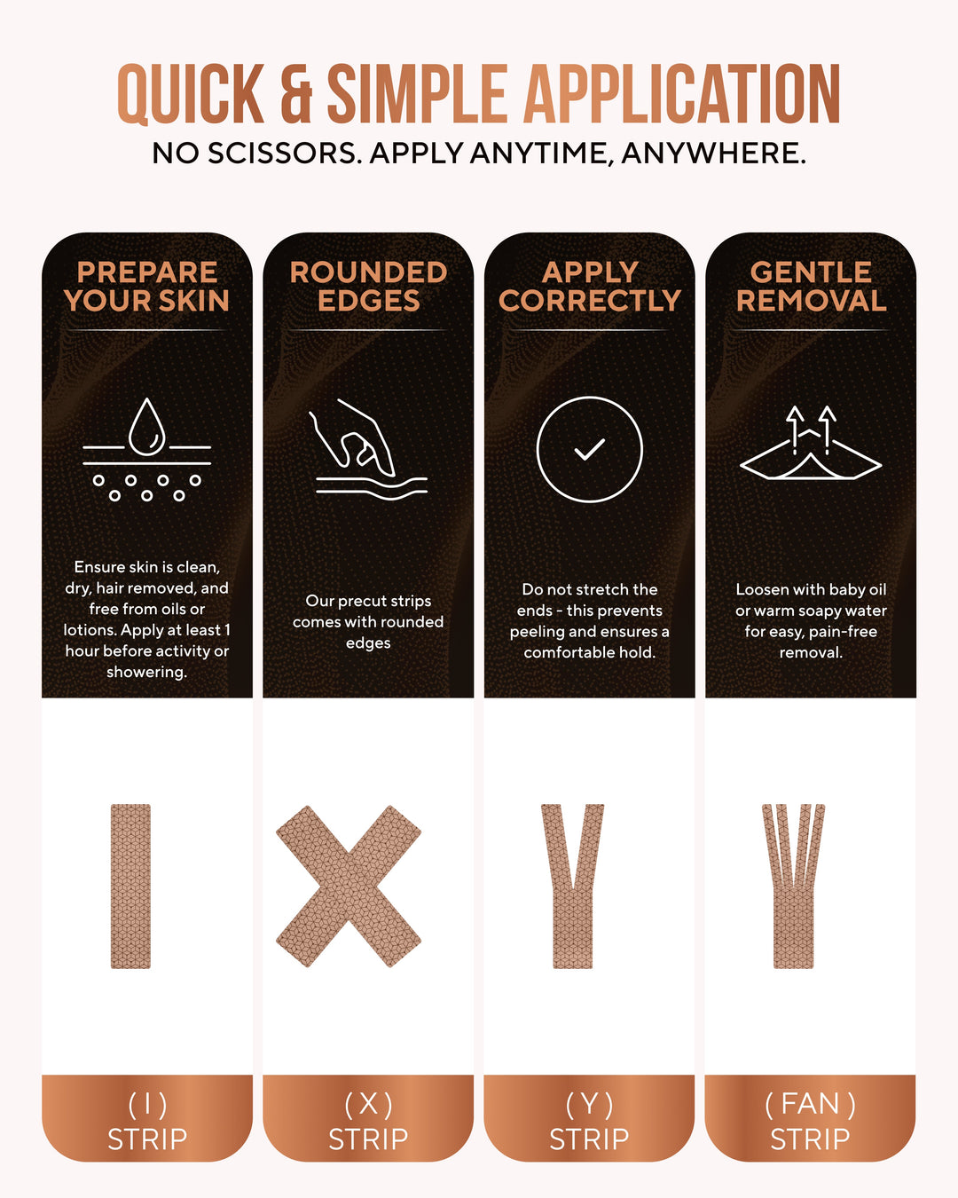 Tan kinesiology tape strips with backing shown for application steps