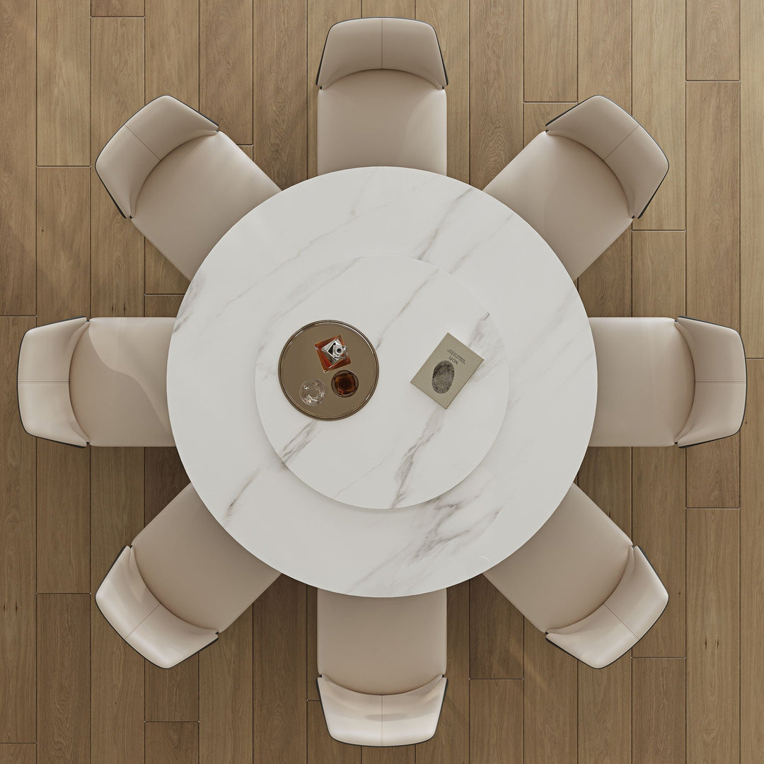 Modern Sintered Stone Dining Table With Round Turntable And Metal Pedestal - White