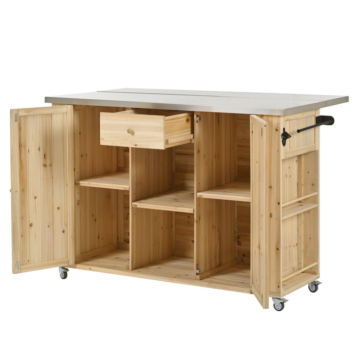 Fir Wood Kitchen Island with Stainless Steel Top