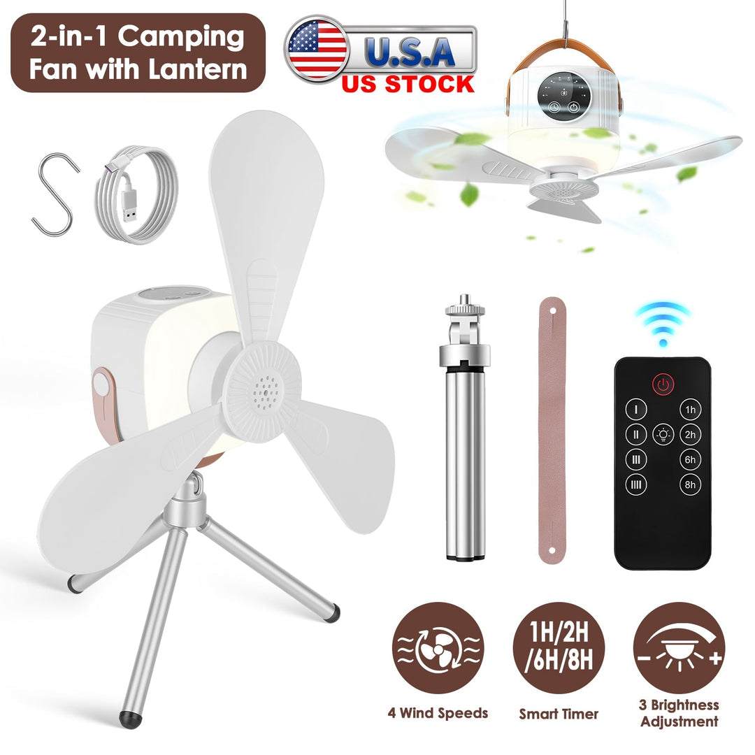 Camping ceiling fan with lantern kit, including remote, rechargeable battery module, and hook