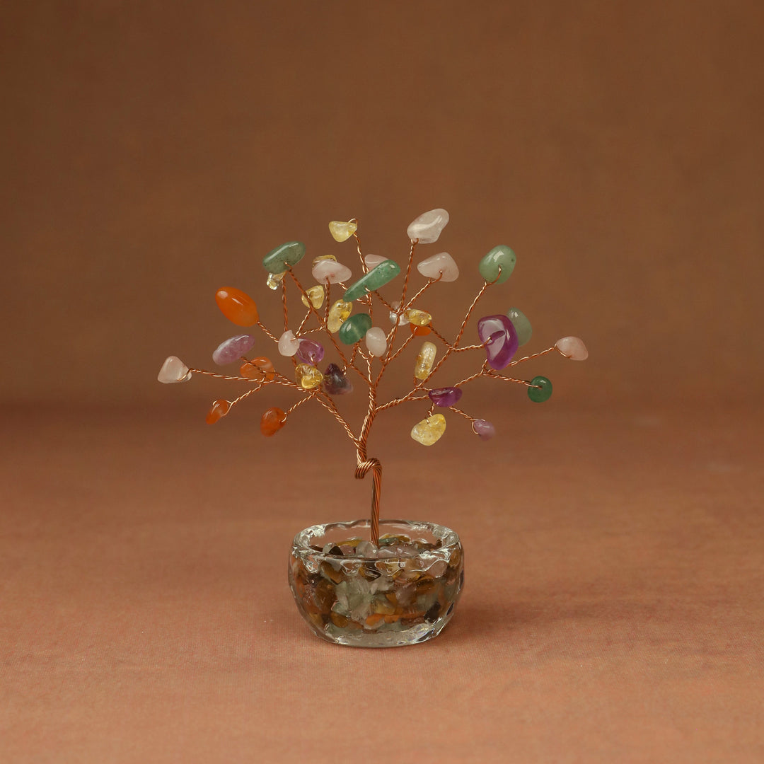 Multicolor gemstone crystal tree with wire branches and round crystal resin base