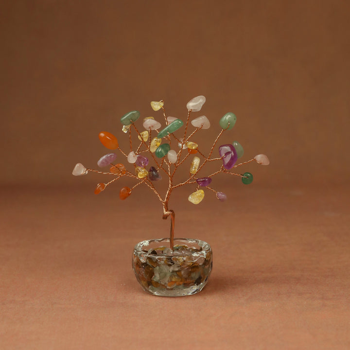 Multicolor gemstone crystal tree with wire branches and round crystal resin base