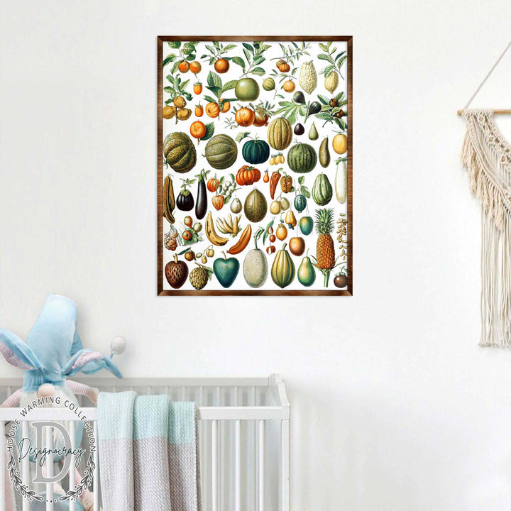 Framed fruit-themed wooden kids poster with colorful illustrated fruit and leafy accents
