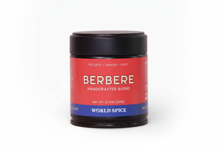 Berbere spice blend jar with black lid and red label, 2.12 oz net wt