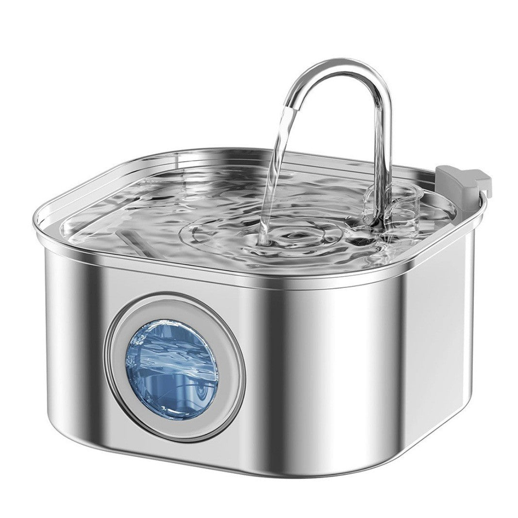Stainless steel pet water dispenser with drinking spout and blue indicator window