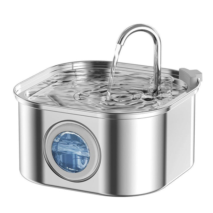 Stainless steel pet water dispenser with drinking spout and blue indicator window
