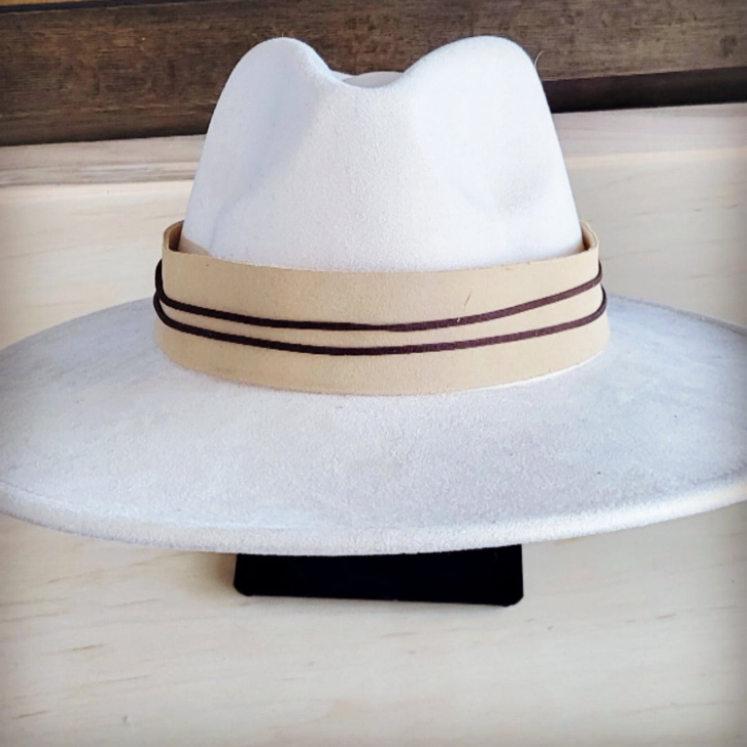 Wide-brim felt hat with tan suede band and dark double leather trim