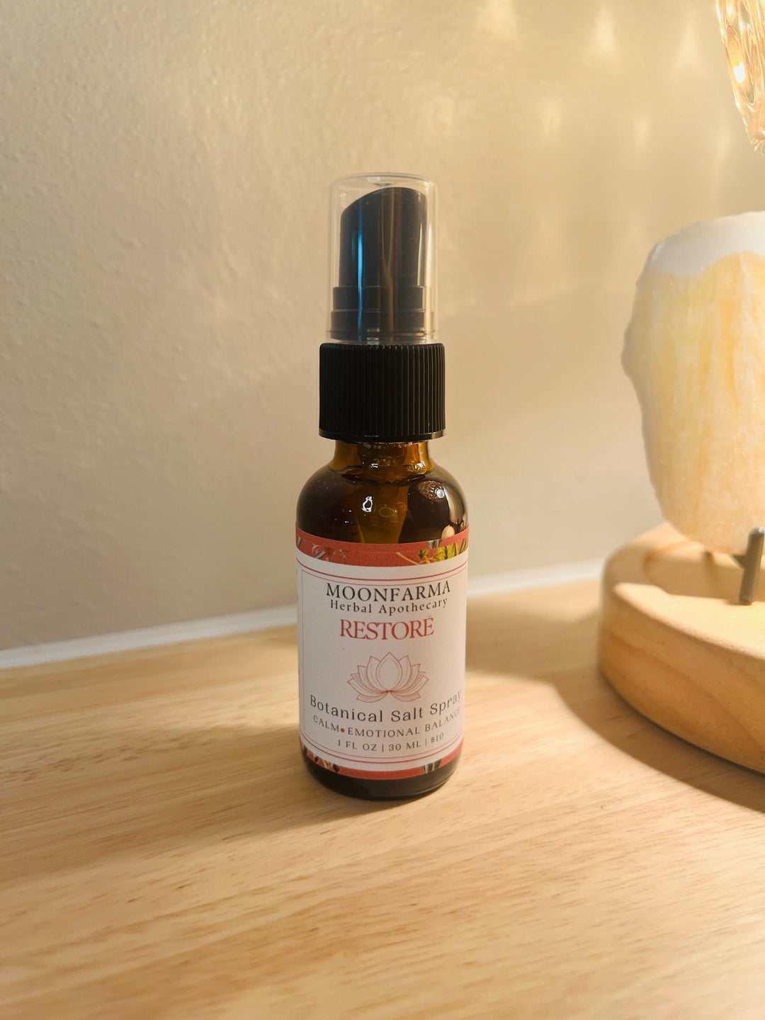 Moonfarma Restore herbal salt spray bottle with black mist sprayer pump