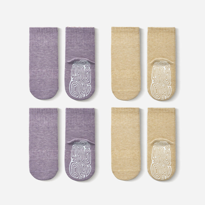Baby non-slip socks set of four, lavender, lemon yellow, and tan with swirl grips