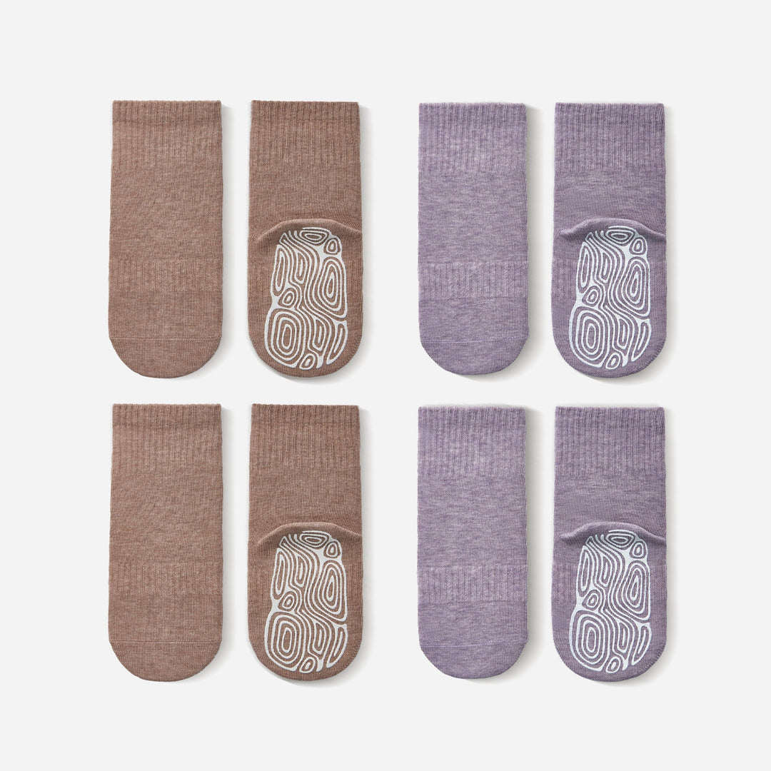 Lavender and brown baby ankle socks with ribbed knit and white patterned foot areas