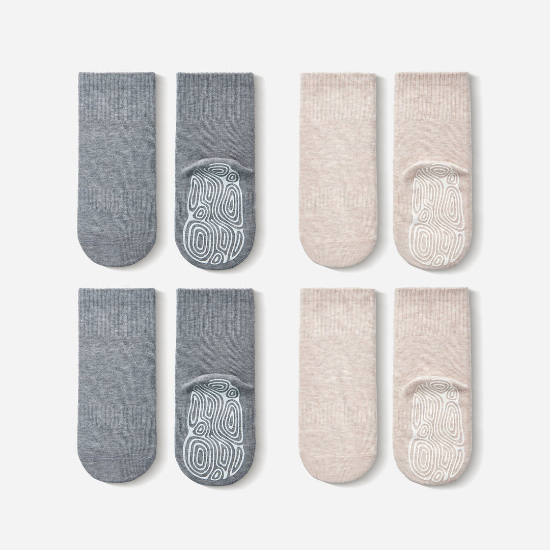 Baby and toddler cotton socks, beige and grey, stay-on with non-slip grip patterns