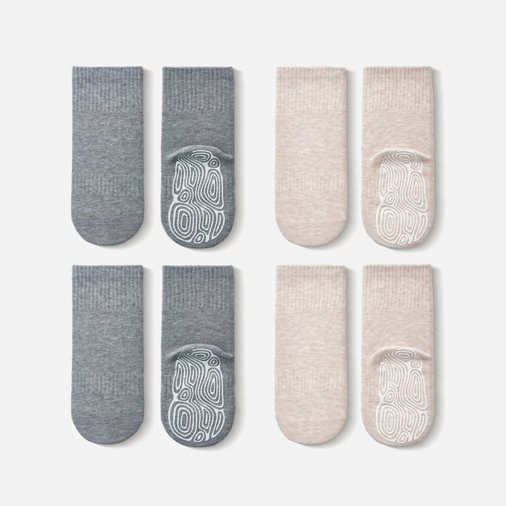 Baby and toddler cotton socks, beige and grey, stay-on with non-slip grip patterns