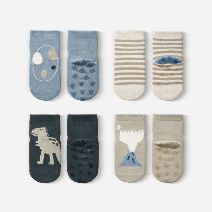 Baby and toddler non-slip socks, light blue and dark blue with dinosaur faces