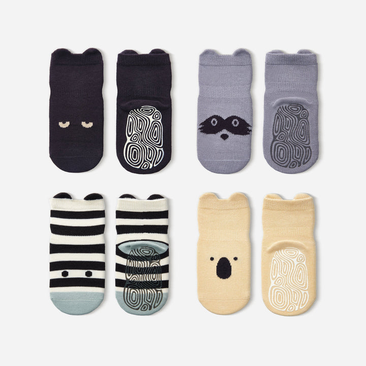 Assorted baby non-slip socks set, dark and light colors with animal and stripe prints