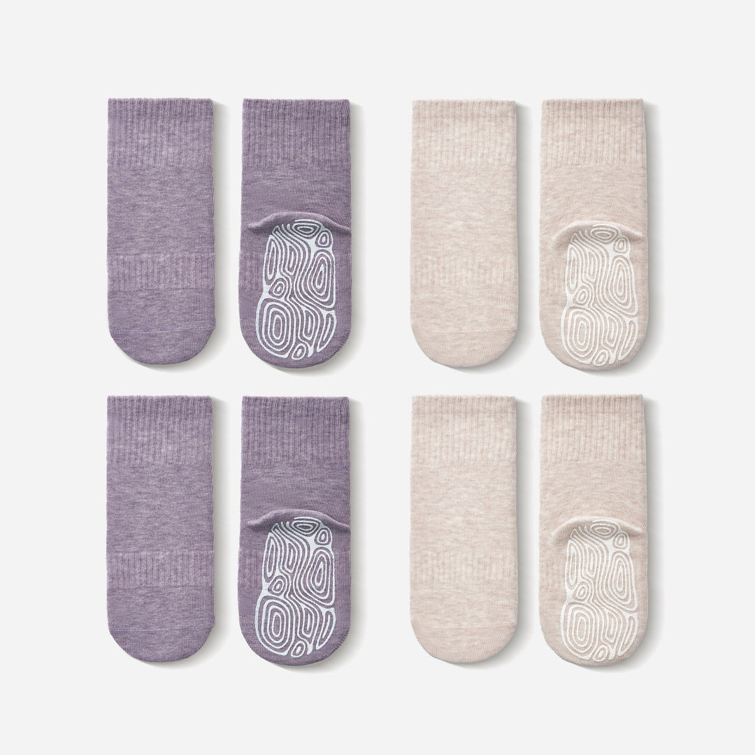Baby socks set of four pairs in lavender and beige with swirl non-slip grip soles