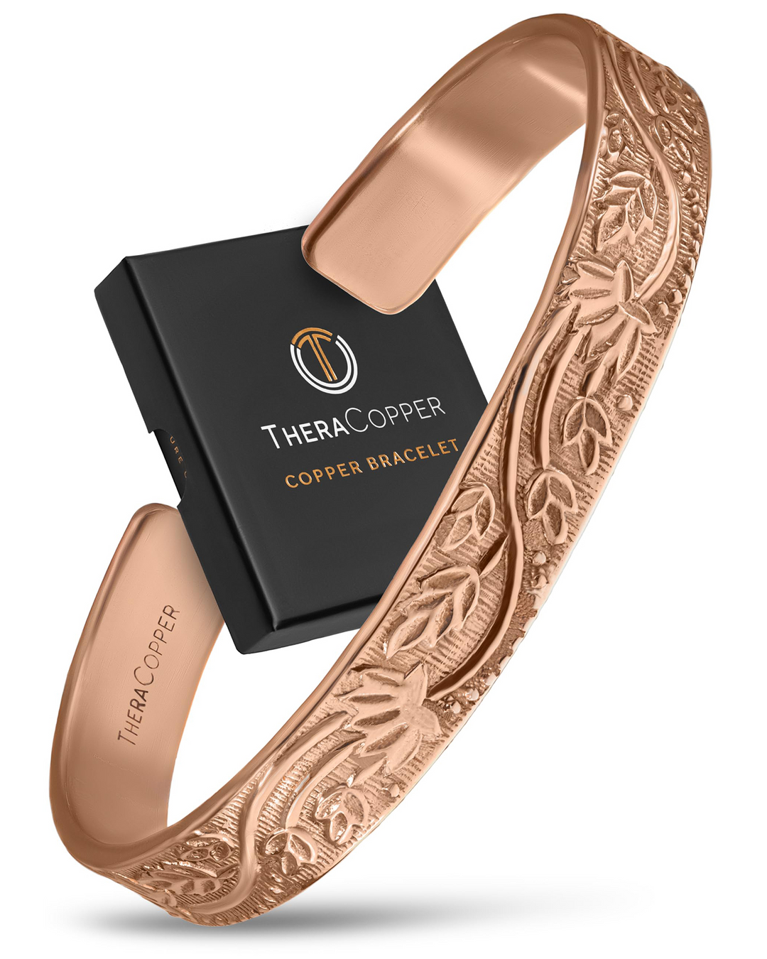 Rose copper floral embossed cuff bracelet, wide open-back design