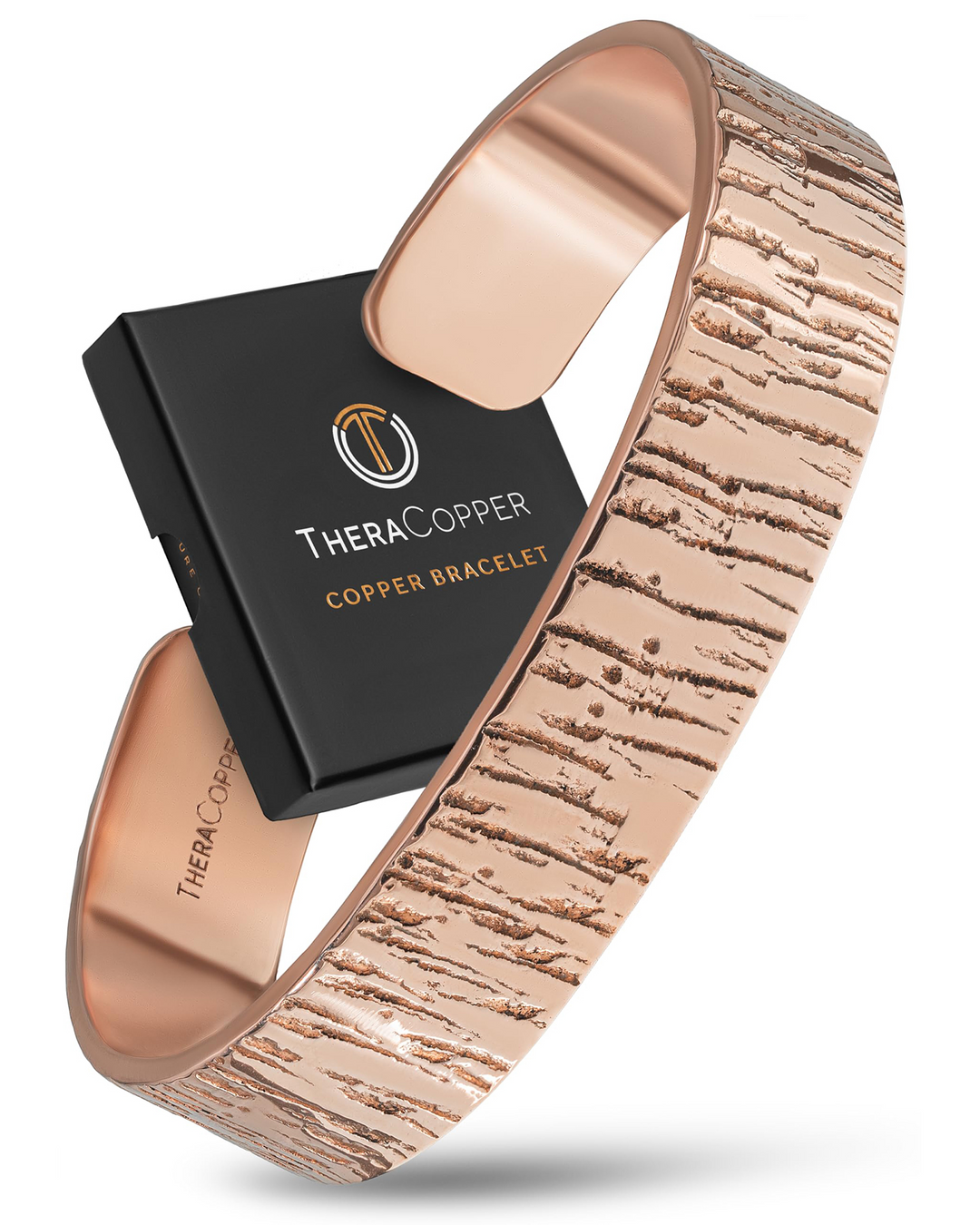 Pure copper cuff bracelet with hammered texture and open end, copper-toned.