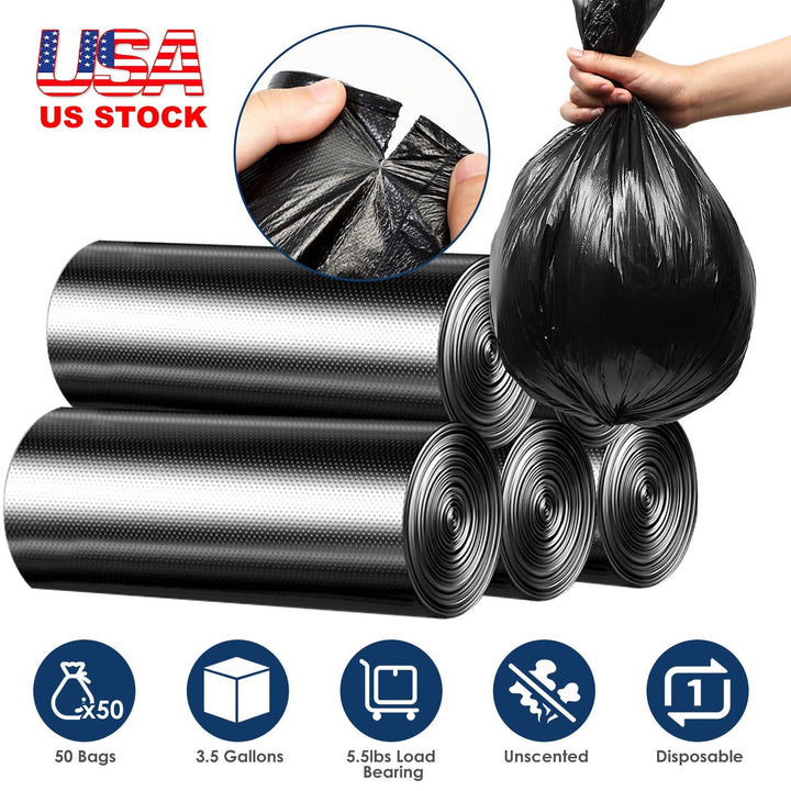 Black garbage bag rolls with hand-held tied liner, layered rolls display