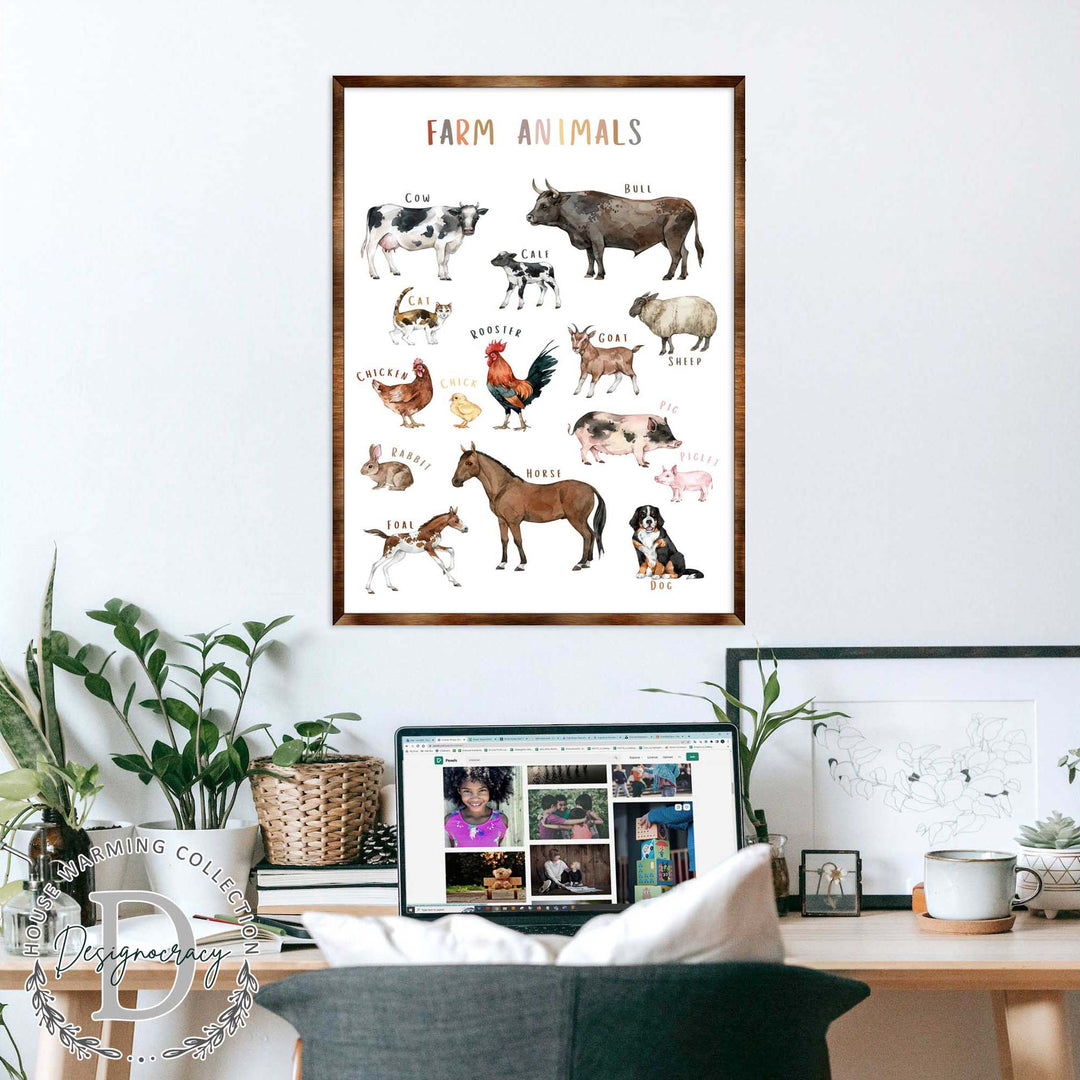Framed farm animals wooden poster with cow, bull, rooster, pig, horse, and dog animal pictures